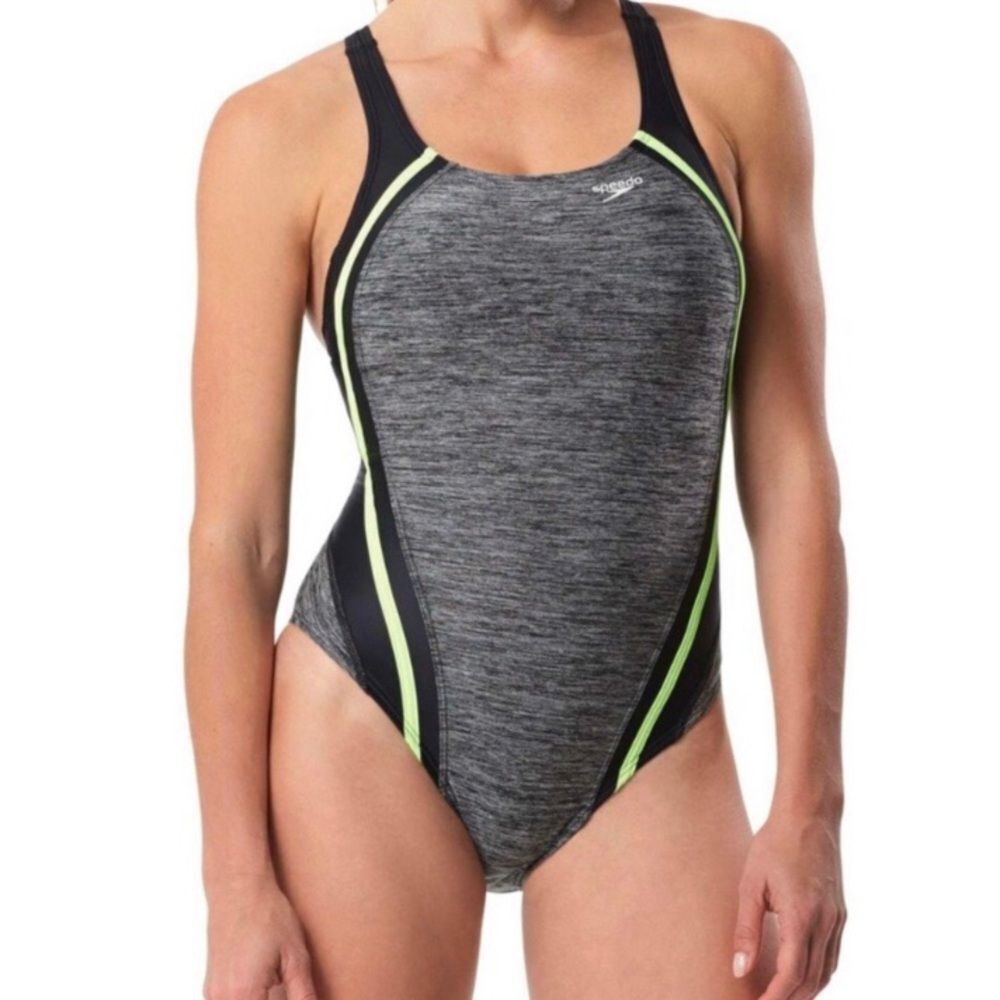 Speedo One Piece Swim Suit Womens 6 Gray‎ Neon Lime Strappy Quantum Splice